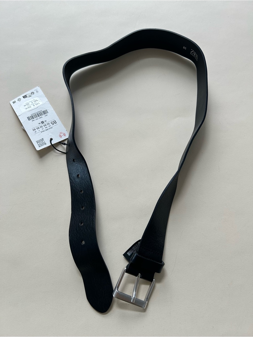 Zara Black Leather Men's Belt with Silver Buckle size 32